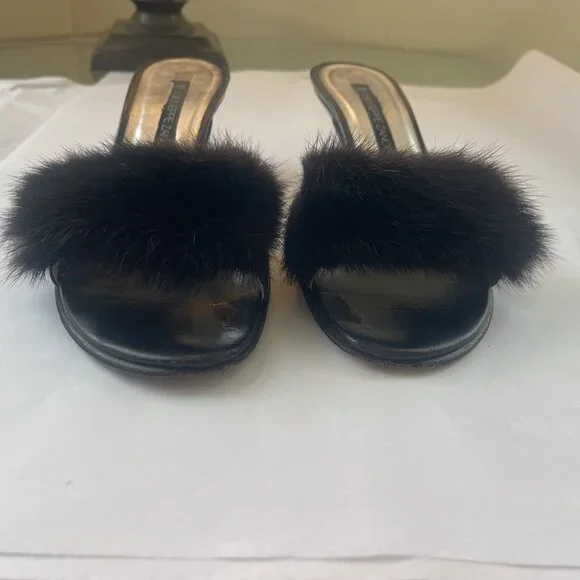 Giuseppe Zanotti Black Leather Kitten Heel Slides With Mink Fur - Picture 7 of 11